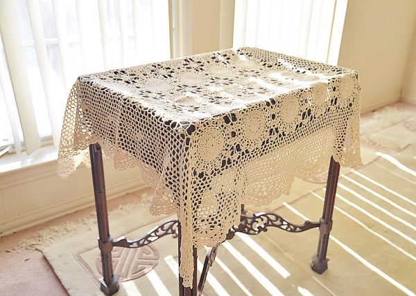 36" square crochet table topper. ecru/wheat color