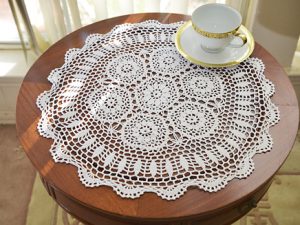 18" round crochet table toppers. wheat color