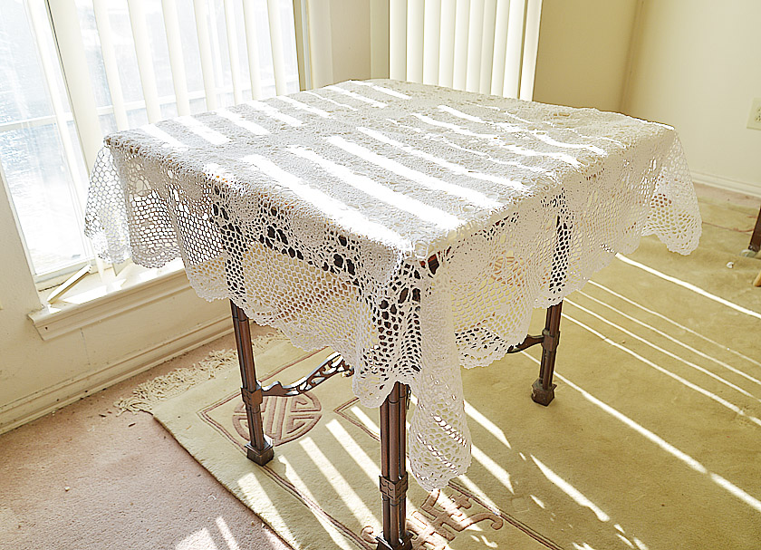 White color, crochet square table topper. 45"square.